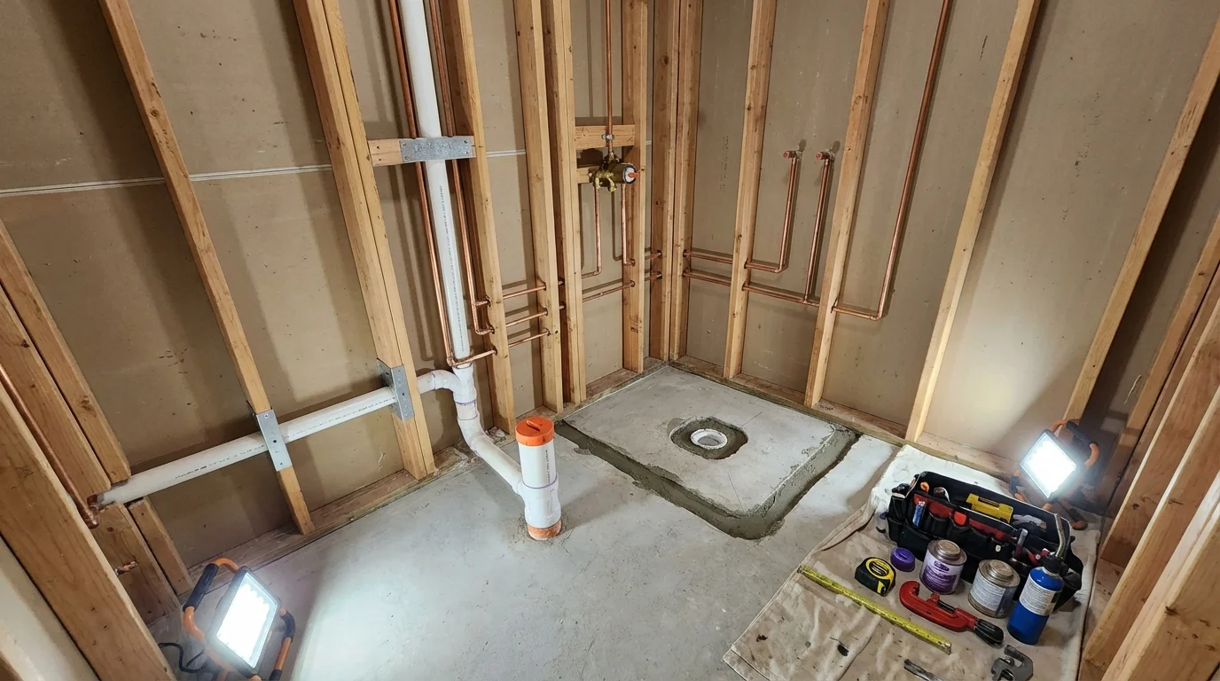 Bathroom rough-in plumbing during remodel by Johns Plumbing LLC in Charleston