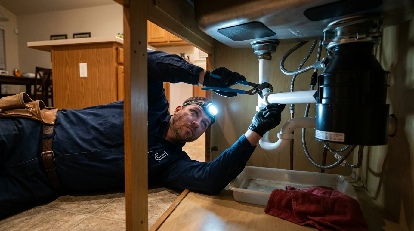 P-trap and supply line connections under a kitchen sink showing a common leak point in Charleston, MO